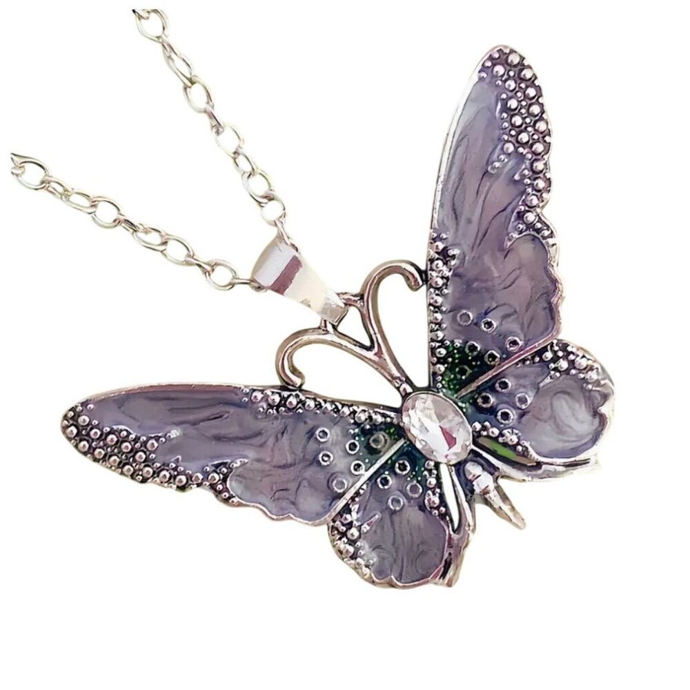 Gray Enamel Butterfly with Jewel Pendant Necklace on Silver Tone Chain